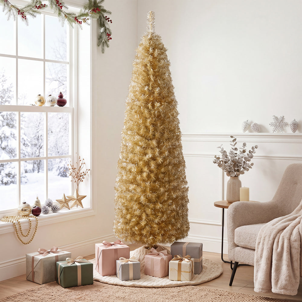 Slim pencil-shaped 6 feet yellow tinsel Christmas tree with 520 branch tips, perfect for adding festive charm to any space.