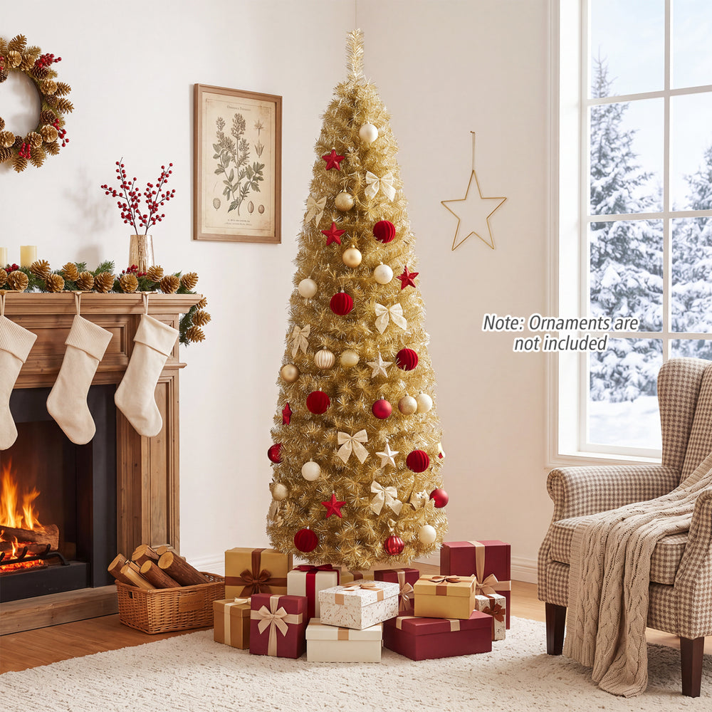 Golden 6-foot slim pencil Christmas tree featuring 520 branch tips and a sleek design, ideal for festive spaces and decor.