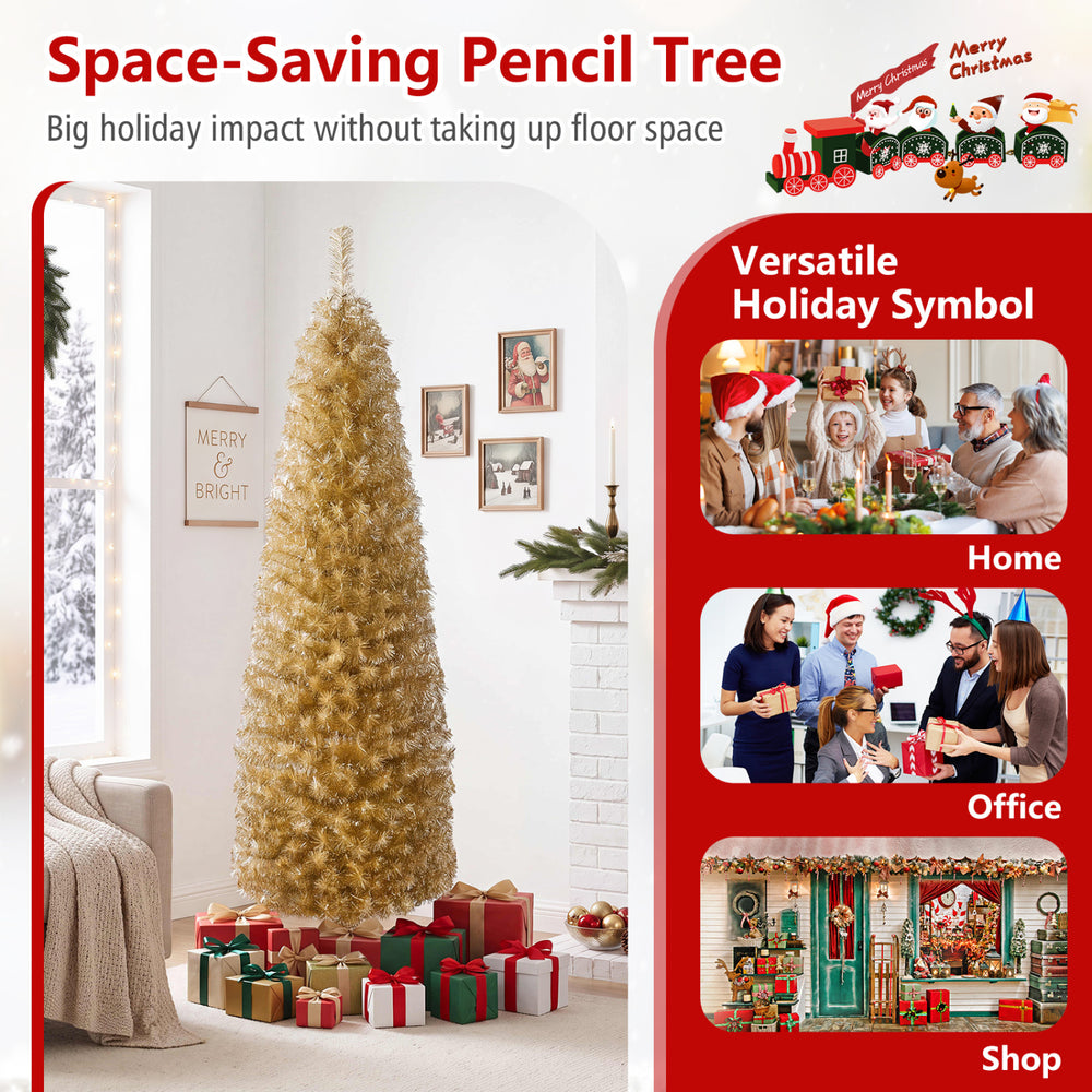 Slim 6 feet yellow tinsel pencil Christmas tree with 520 branch tips, perfect for narrow spaces in homes or offices.