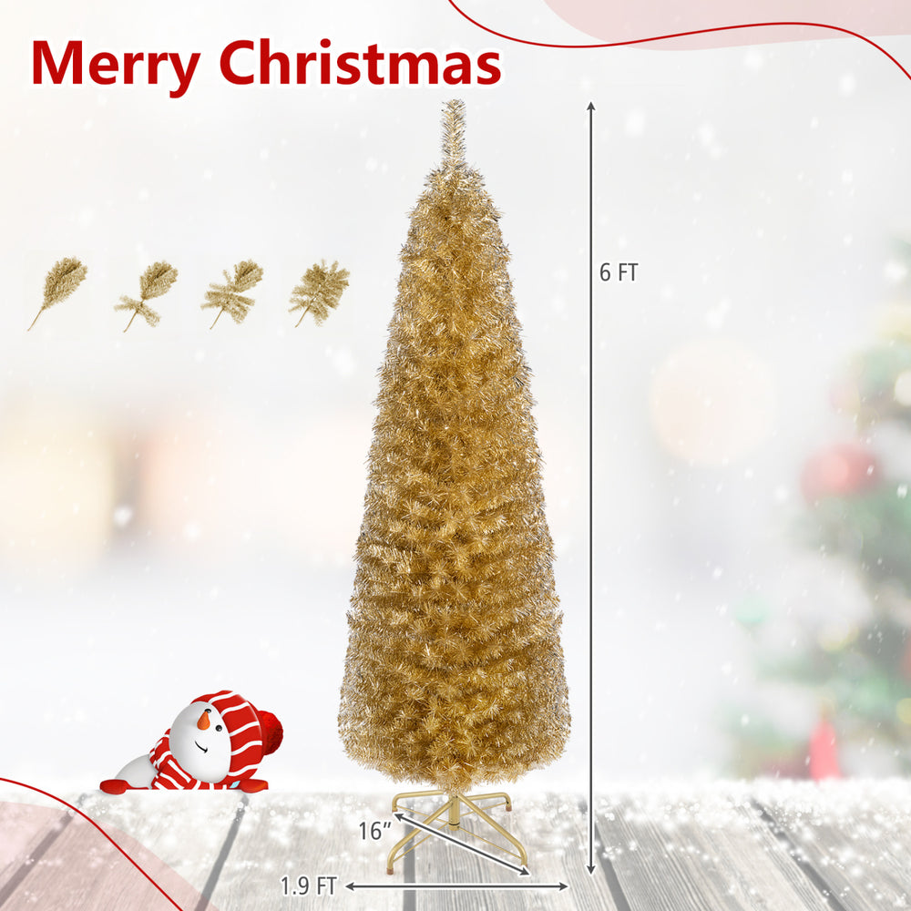 Slim pencil-shaped 6-foot yellow tinsel Christmas tree with 520 branch tips, perfect for narrow spaces and festive decor.