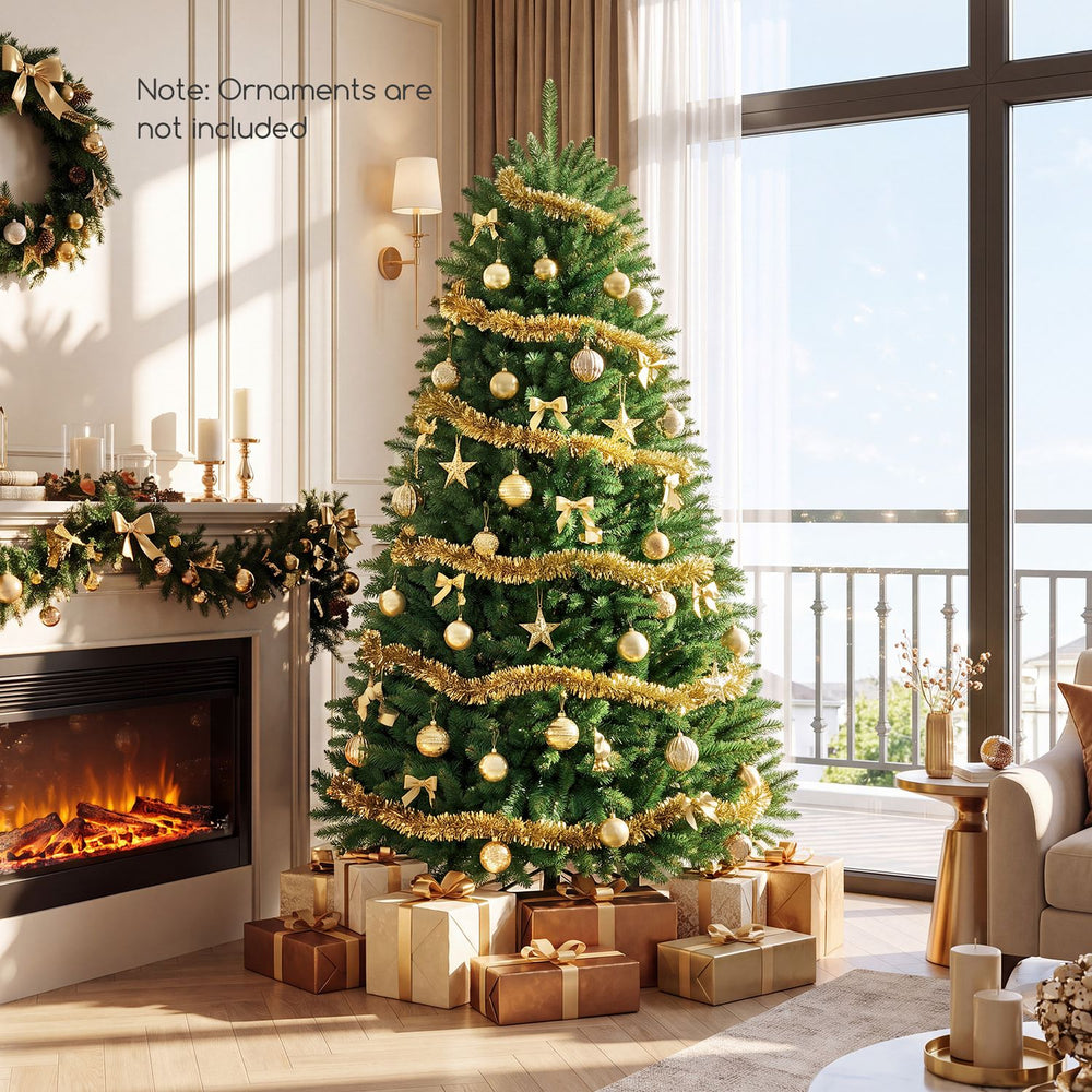 6 feet unlit artificial Christmas tree with 1250 branch tips, featuring a solid iron base for stability and easy storage.
