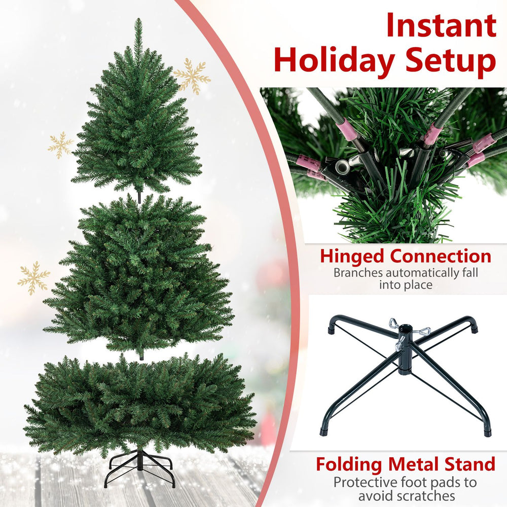 6 feet unlit artificial Christmas tree with 1250 branch tips, PVC material, and a folding metal stand for easy setup.