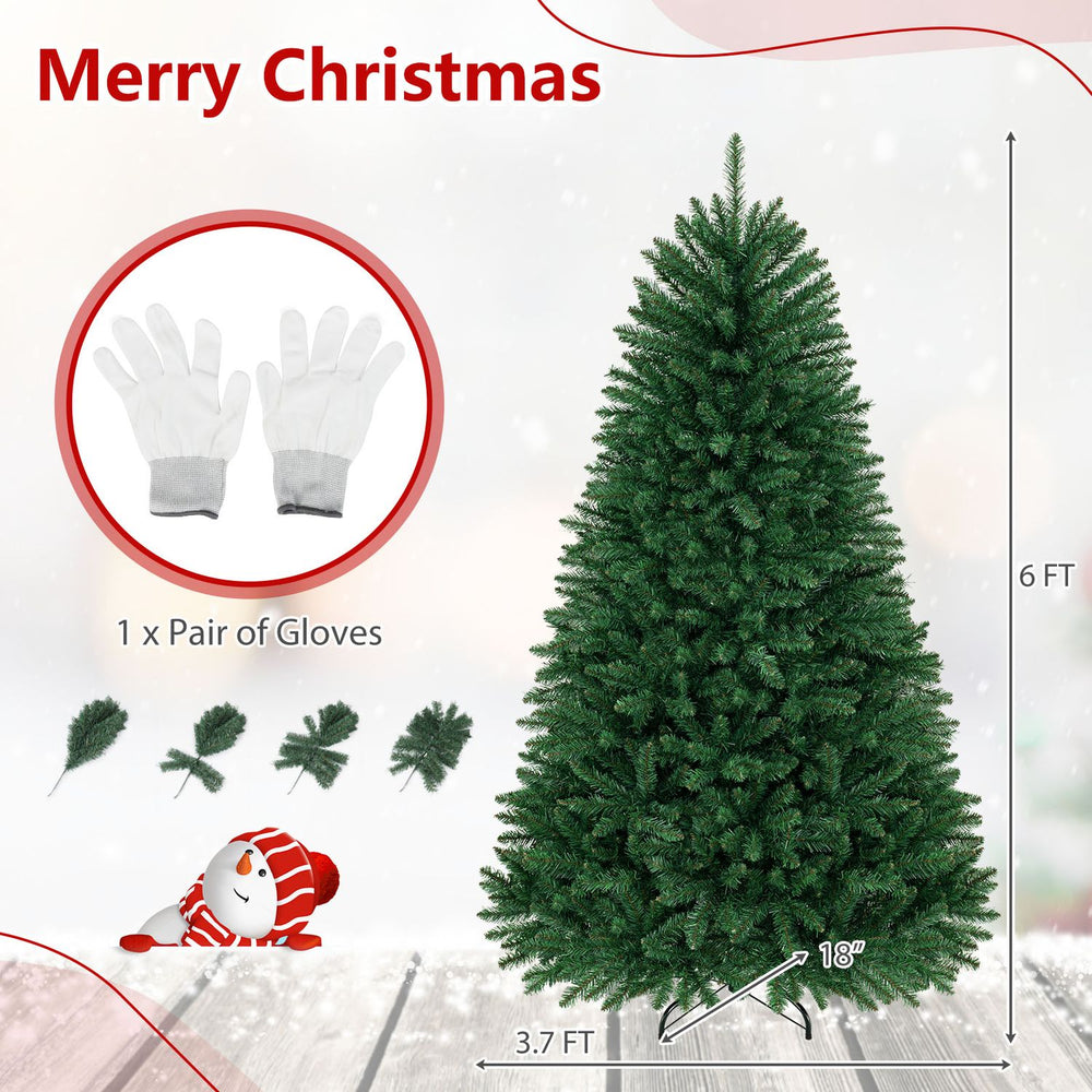 6-foot unlit artificial Christmas tree with 1250 branch tips, PVC material, and a solid iron base for stability.