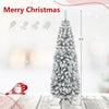 6-foot unlit hinged snow flocked artificial pencil Christmas tree with 500 branch tips for cozy holiday decorations.