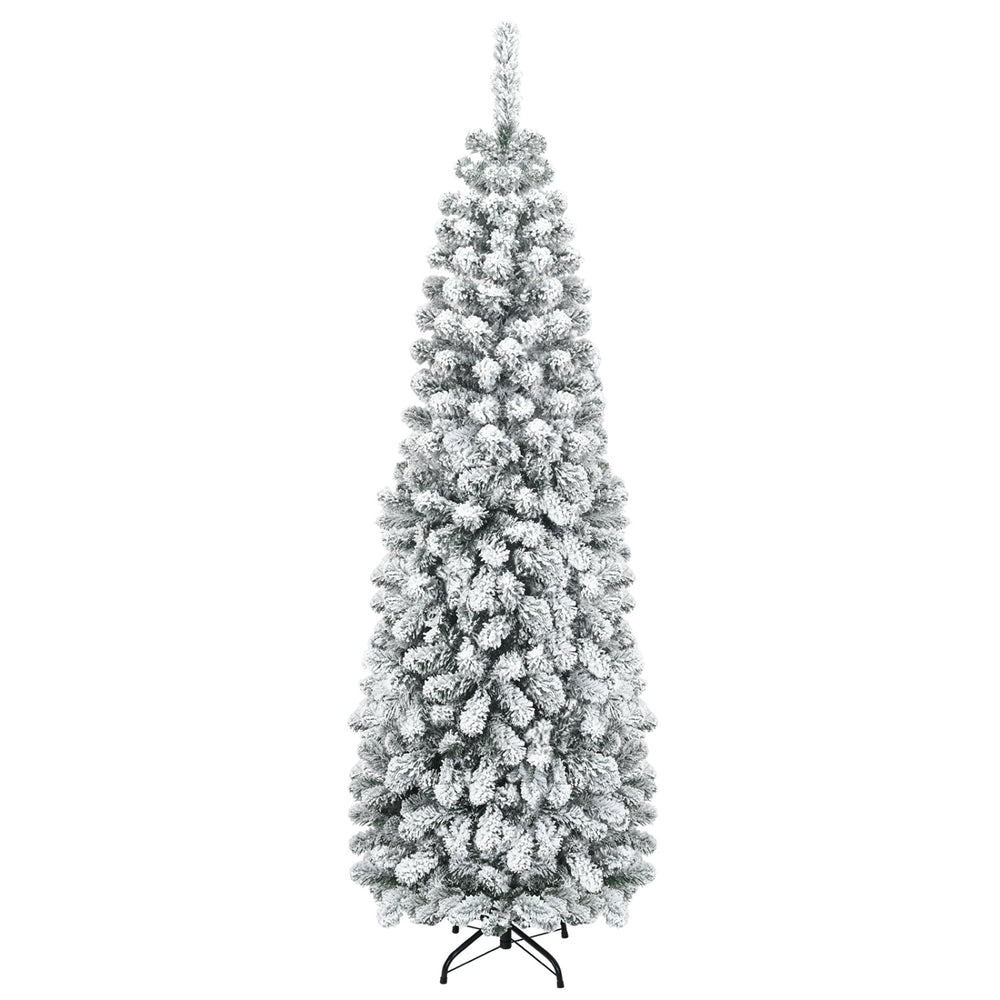 Snow flocked 6 feet unlit pencil Christmas tree with 500 branch tips, perfect for small corners during the holiday season.