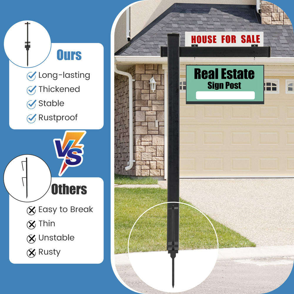 6 feet black UPVC real estate sign post with a rust-free steel stake, ideal for open house displays and curb appeal.
