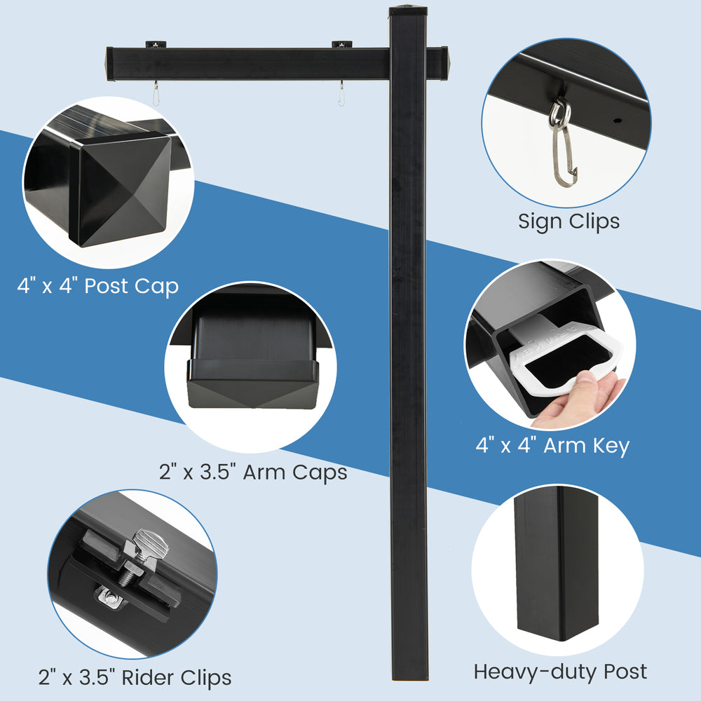 Heavy-duty black vinyl real estate sign post with 72" height and stainless steel clips for open house displays.