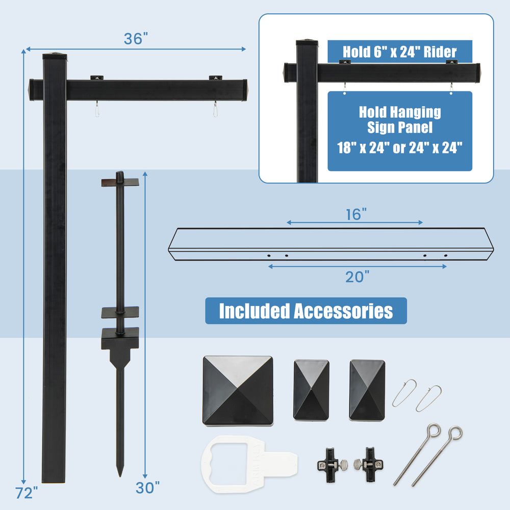 Black 6 feet vinyl UPVC real estate sign post with 36" arm, includes stainless steel clips for easy mounting.