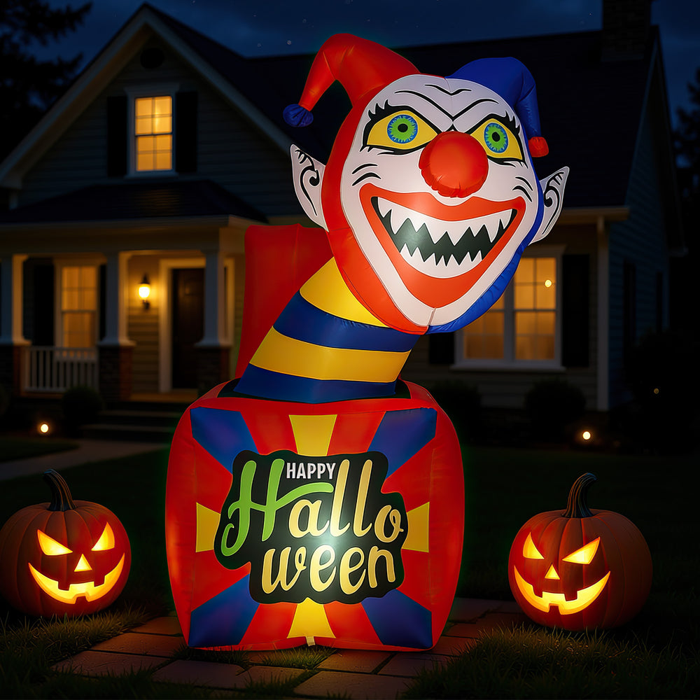 6 ft Halloween inflatable clown with LED lights, showcasing a vivid design, perfect for festive porch displays and.
