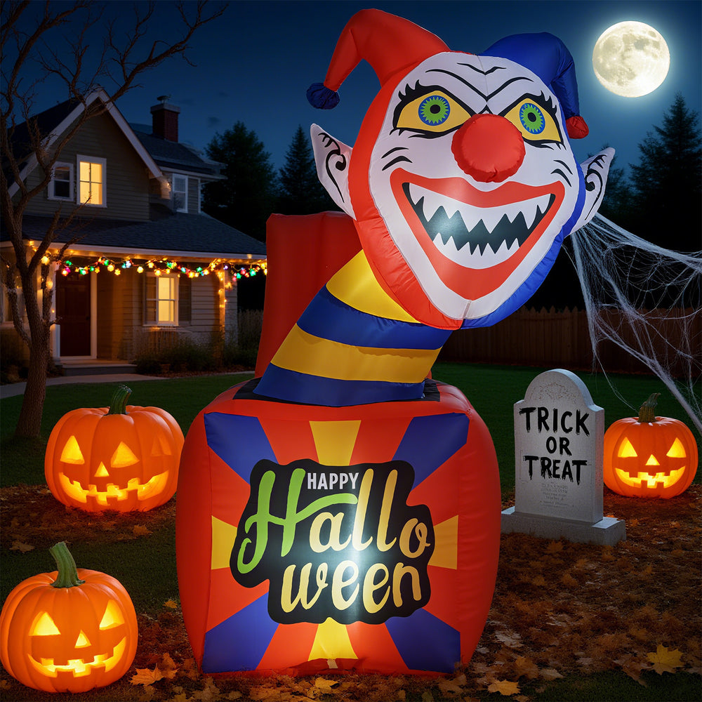 6 ft Halloween inflatable clown with LED lights, featuring a playful jack-in-a-box design for outdoor porch decoration.