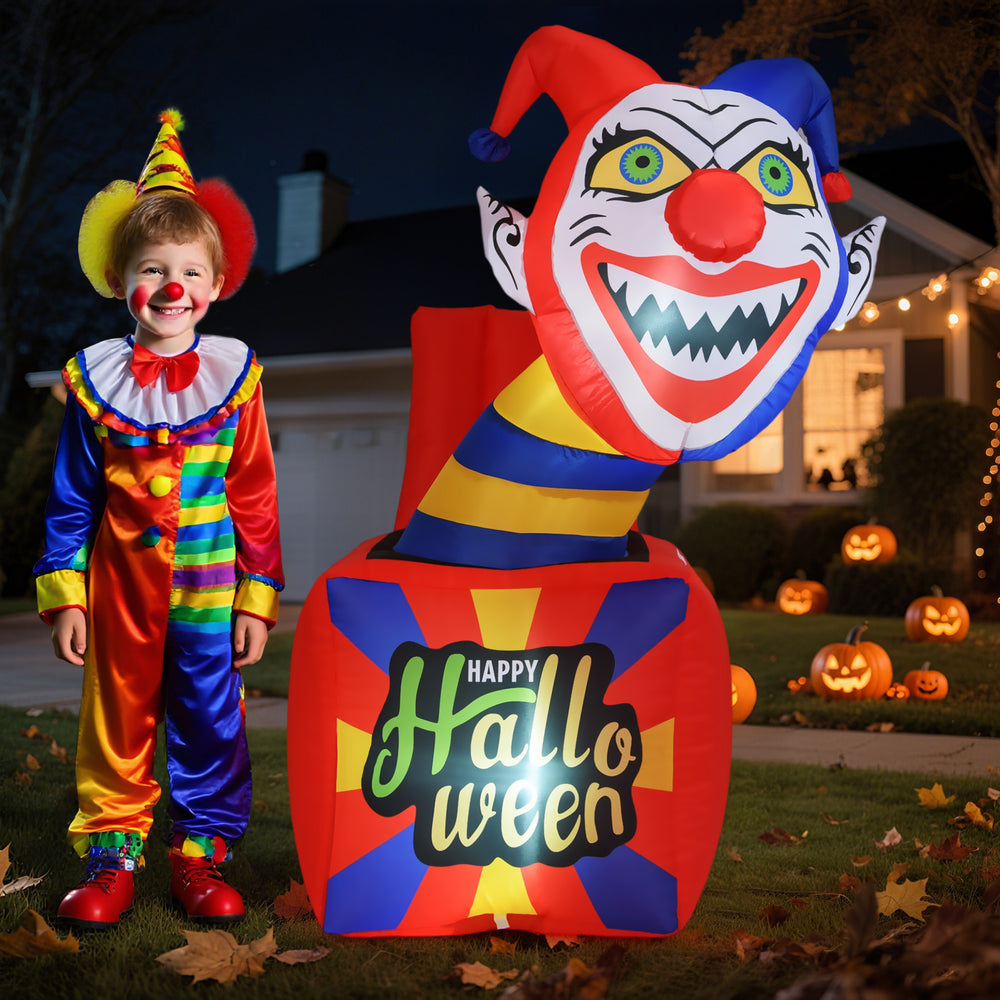 6 ft Halloween inflatable clown with LED lights, showcasing vibrant colors and a whimsical design for festive outdoor.