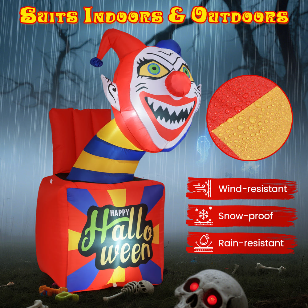 6 Ft Halloween inflatable clown with LED lights, featuring a playful design, wind-resistant and snow-proof for outdoor.