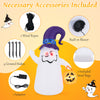 6 ft inflatable Halloween ghost with witch hat, LED lights, and included accessories for outdoor stability and fun.