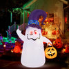 6 ft inflatable ghost with witch hat and Jack-o-lantern, featuring LED lights for Halloween decor. Perfect for outdoor.