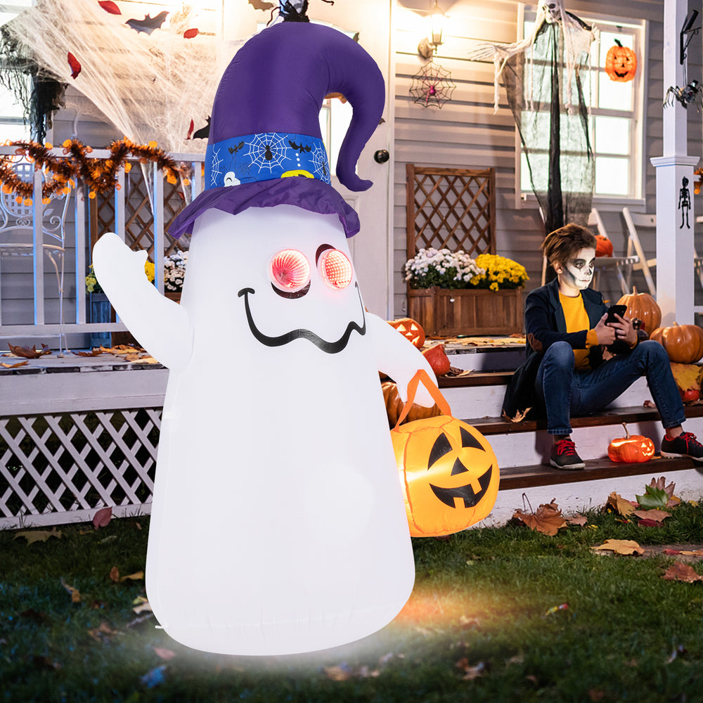 6 ft inflatable cute ghost with witch hat and LED lights, perfect for Halloween outdoor decoration.
