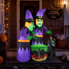 6 ft inflatable Halloween witches with cauldron and black cat, featuring bright LED lights for outdoor spooky decor.