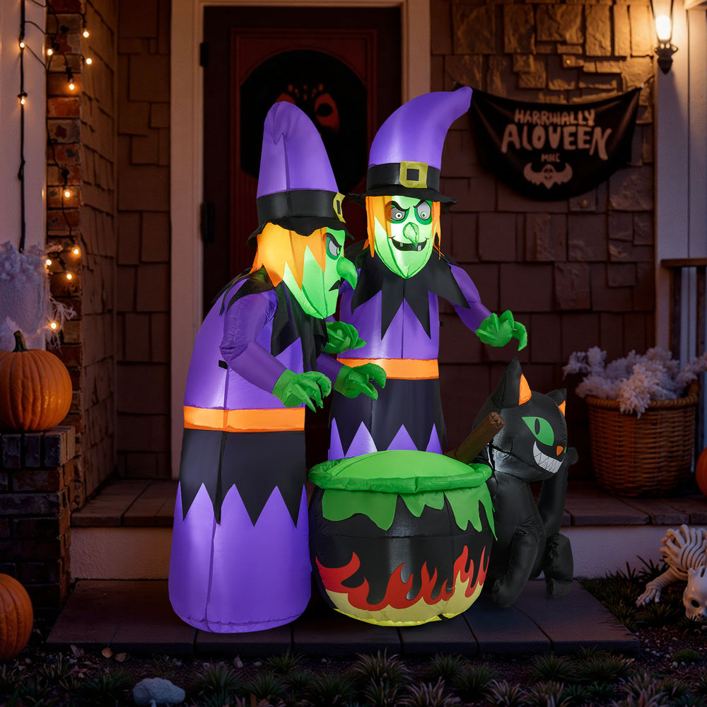 6 ft inflatable Halloween witches with cauldron and black cat, featuring bright LED lights for outdoor spooky decor.