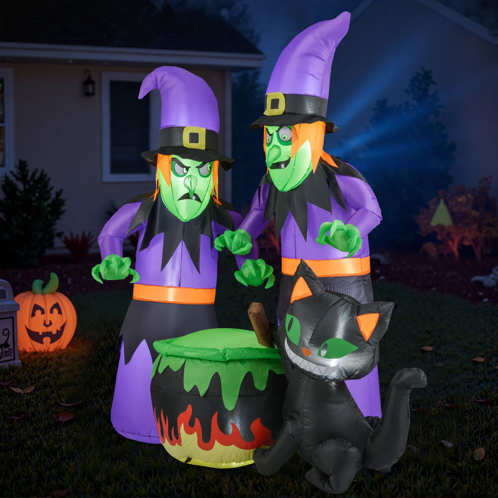 Inflatable 6 ft Halloween witches with cauldron and black cat, featuring bright LEDs for outdoor spooky decor.