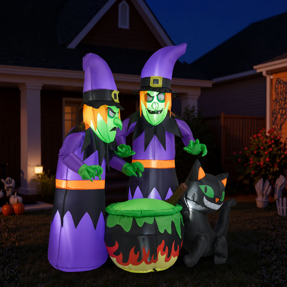 Inflatable 6 ft Halloween witches with cauldron and black cat, featuring bright LEDs for outdoor spooky displays.