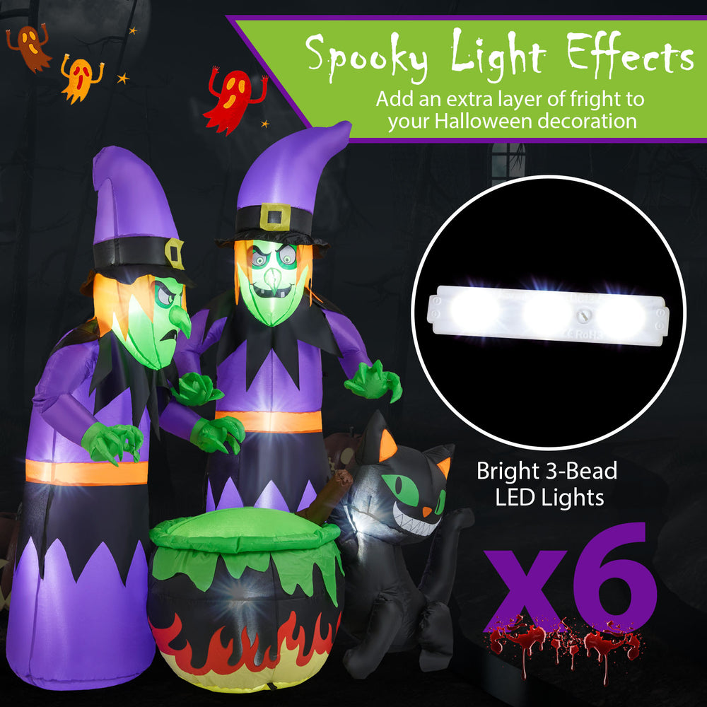 6 ft inflatable Halloween witches with cauldron and black cat, featuring bright LED lights for outdoor decoration.