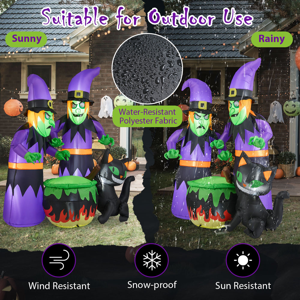 6 ft inflatable Halloween witches with cauldron and black cat, made of water-resistant polyester for outdoor use.