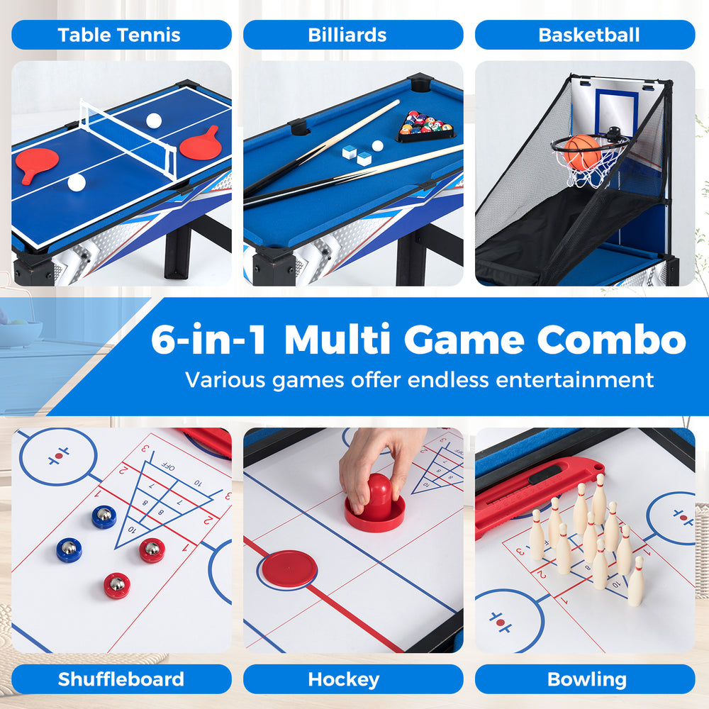 6-in-1 combo game table featuring basketball, billiards, and table tennis for versatile family entertainment.