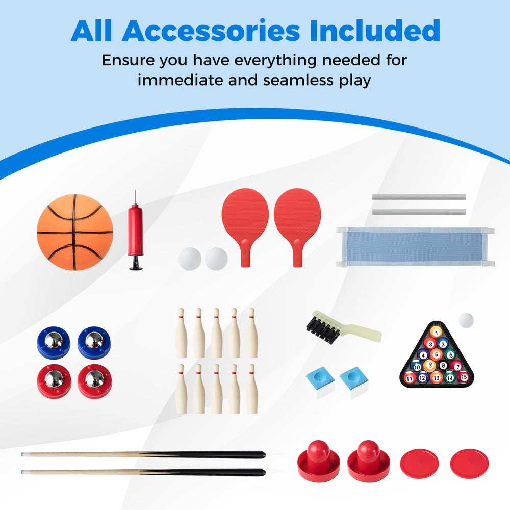 Complete accessory set for 6-in-1 combo game table including basketball, billiards, ping pong, and more.