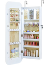 White wall-mounted jewelry cabinet with mirror, LED lights, and organized storage for jewelry and cosmetics.