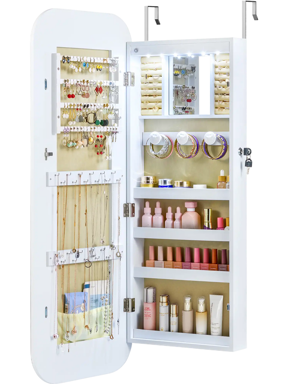 White wall-mounted jewelry cabinet with mirror, LED lights, and organized storage for jewelry and cosmetics.