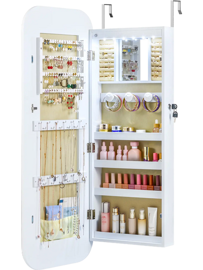 Costway Lockable Mirror Jewelry Cabinet Wall/Door Mounted 6 LED 73844717 New