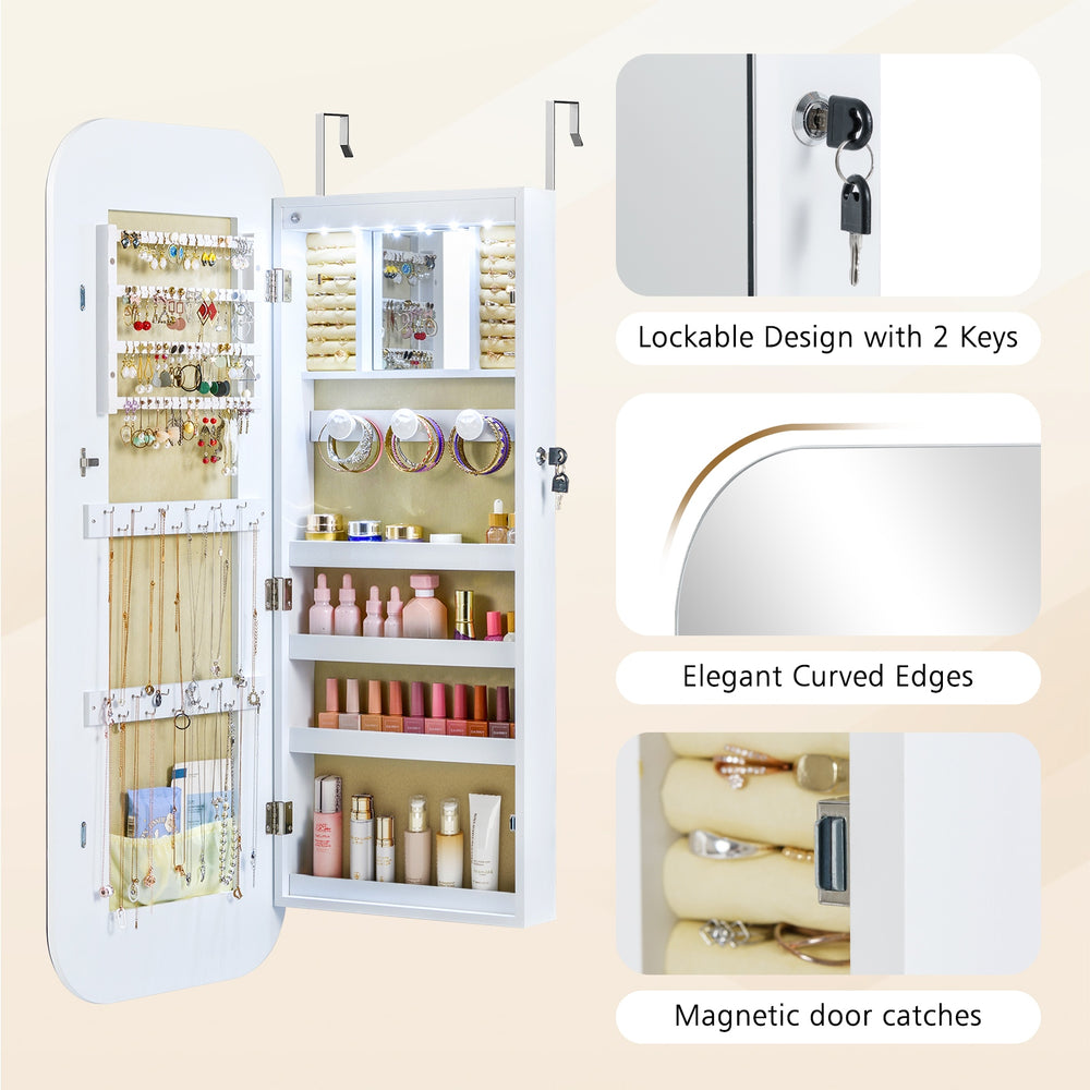 Lockable white jewelry cabinet with frameless mirror, LED lights, and organized storage for jewelry and cosmetics.