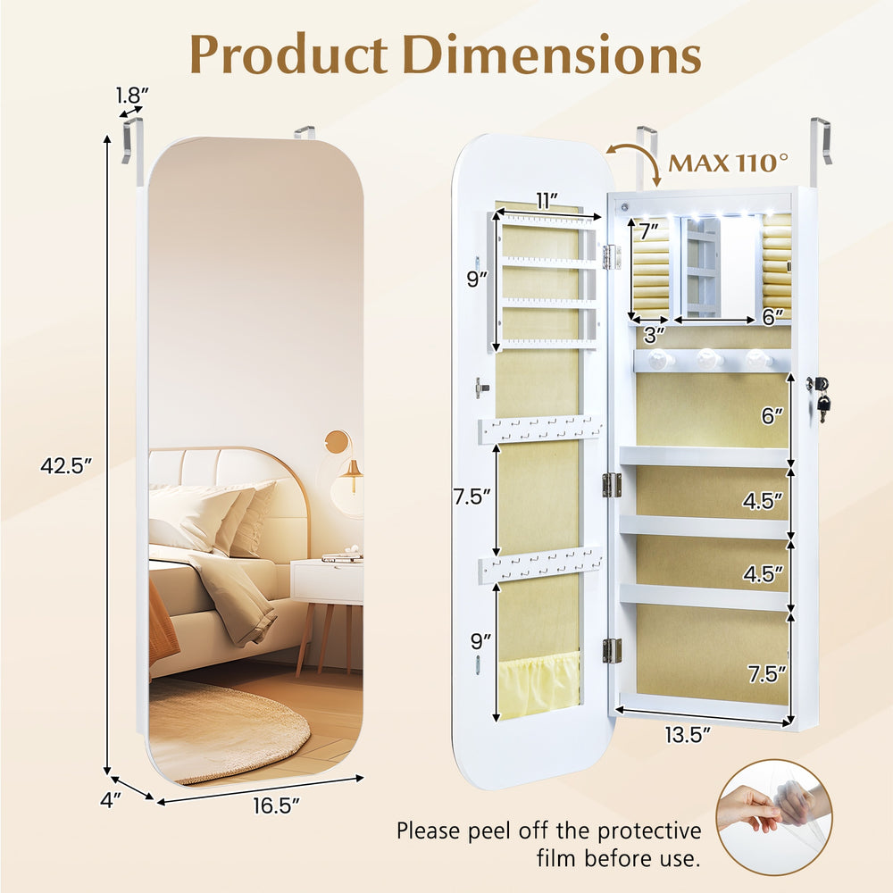 Dimensions of the white lockable jewelry cabinet with mirror, featuring storage compartments and LED lights for.
