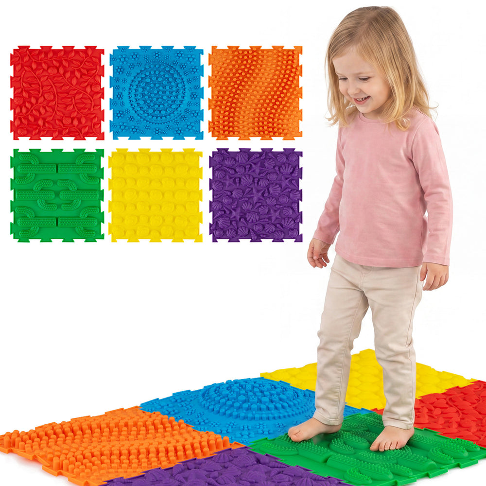 Colorful interlocking sensory mats with raised textures for tactile play, promoting sensory development and safe.