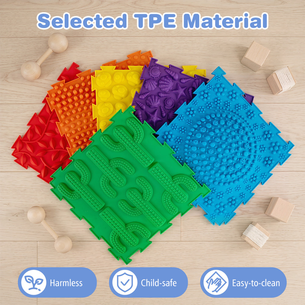 Colorful interlocking sensory mats in various textures, made of soft TPE material for safe tactile play and easy.