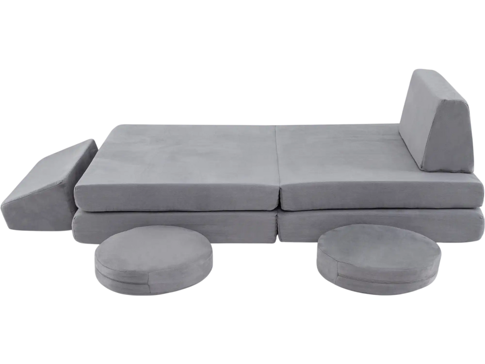 Modular kids play couch set in gray, featuring 6 foam pieces with washable covers for versatile playroom arrangements.