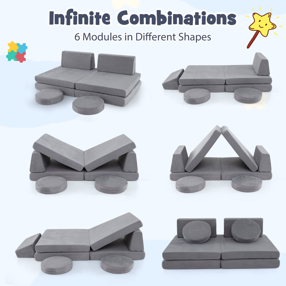 Modular kids play couch set in gray, featuring 6 foam pieces with washable covers for versatile shapes and safe play.