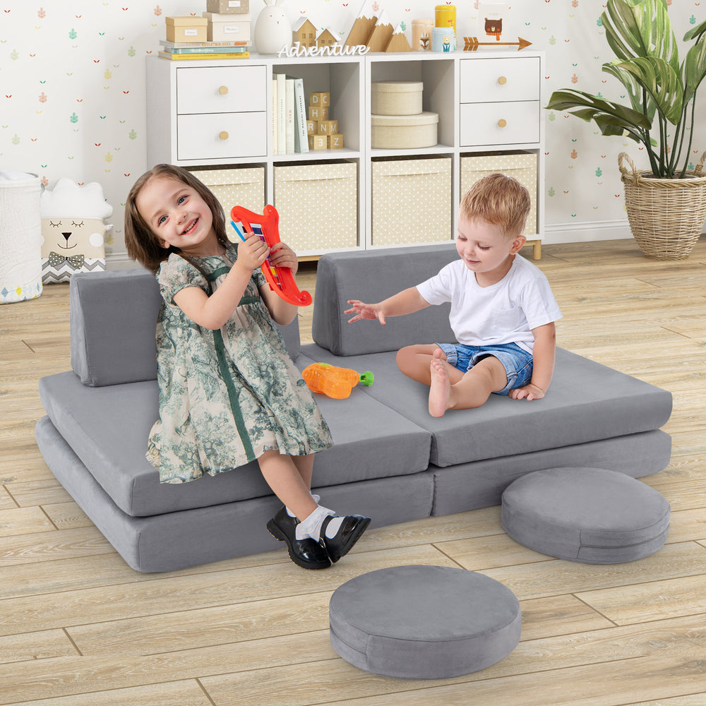 Modular kids play couch set in gray, featuring 6 foam pieces with washable covers, ideal for playroom fun and safety.