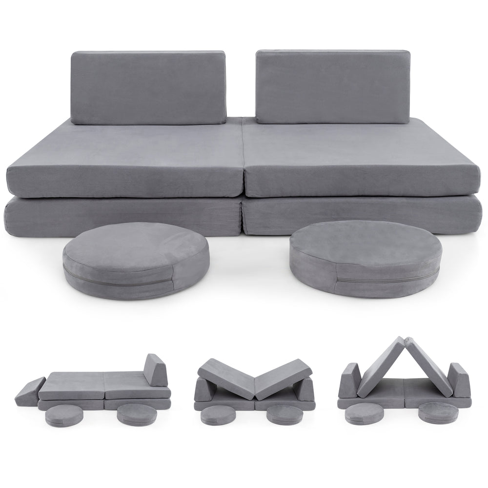 Modular kids play couch set in gray with 6 foam pieces, washable covers, and versatile shapes for safe play.