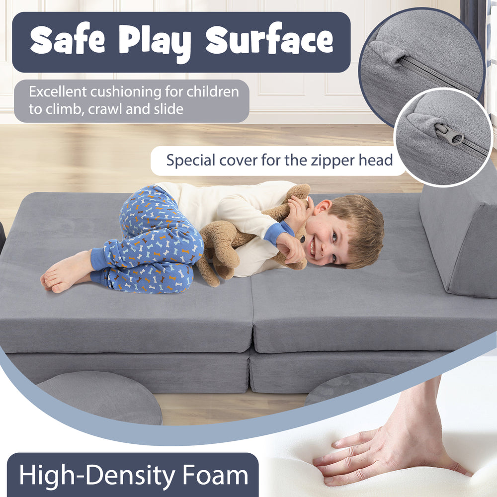Modular kids play couch set in gray with high-density foam, featuring removable washable covers for safe play.