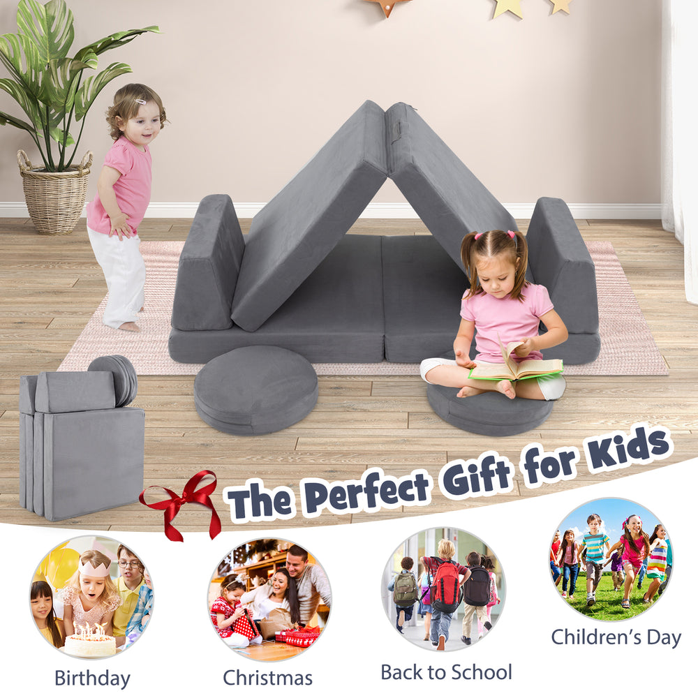 Modular 6-piece kids play couch set in gray with washable covers, perfect for creative play in living rooms or.