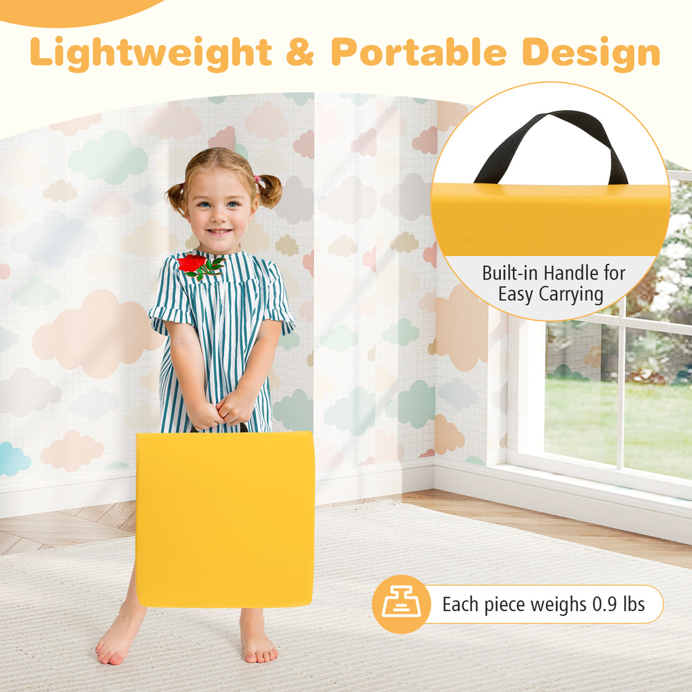 Bright yellow square floor cushion with built-in handle, perfect for easy transport and vibrant seating for kids.