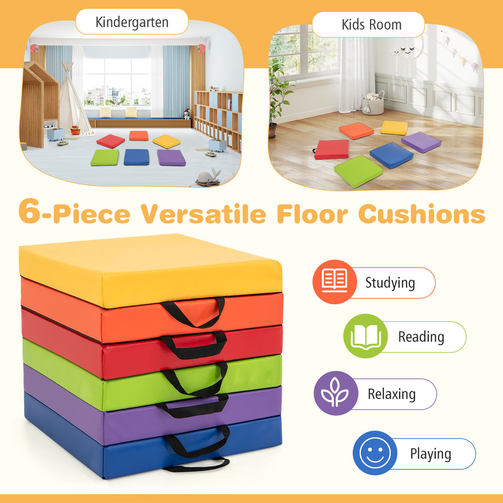 Stack of 6 multicolor square floor cushions with carry handles, perfect for reading, playing, or relaxing in kids'.