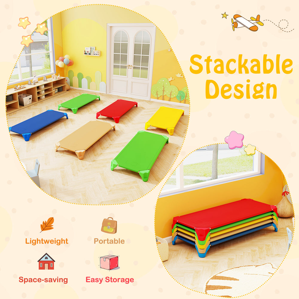 Colorful stackable daycare cots for kids, featuring sturdy metal pipes and non-slip foot pads for stability and safety.