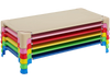 Stackable multicolor daycare cots for kids, featuring sturdy metal pipes and non-slip foot pads for stability.