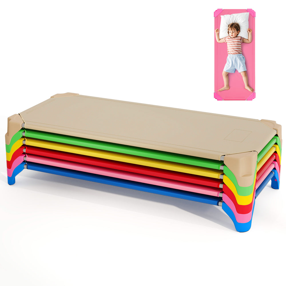 Colorful stackable daycare cots for kids, featuring sturdy metal pipes and non-slip foot pads for stability.
