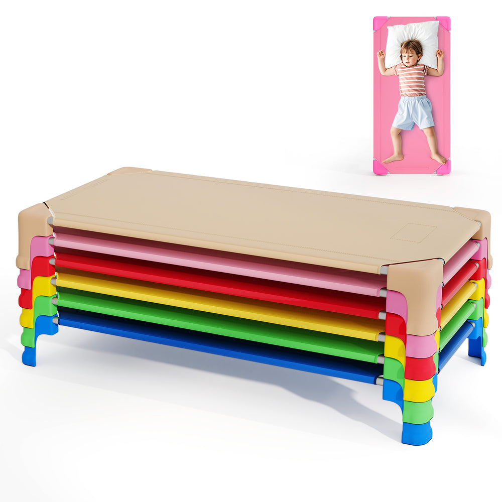Single stackable daycare cot in beige, showcasing smooth edges and sturdy metal construction for children's safety and.