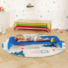 Portable stackable daycare cot in blue with a child sleeping, ideal for home or kindergarten rest time.