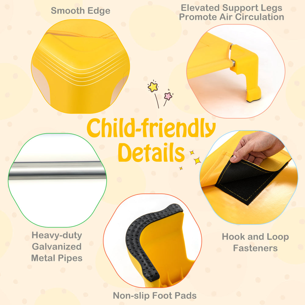 Child-friendly details of multicolor stackable daycare cots, featuring smooth edges, non-slip foot pads, and elevated.