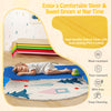 Portable stackable daycare cots in multicolor, featuring sturdy metal pipes and non-slip foot pads for kids' safety.
