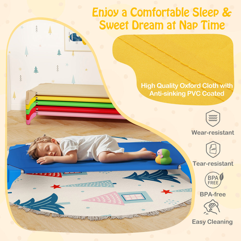 Portable stackable daycare cots in multicolor, featuring sturdy metal pipes and non-slip foot pads for kids' safety.